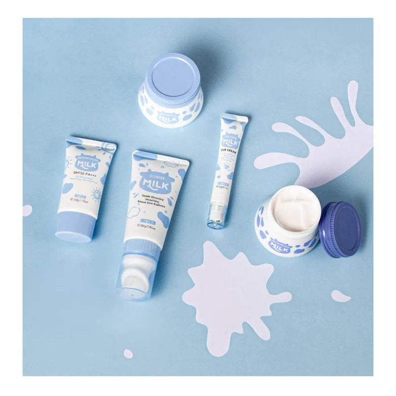 5PCS Milk Skincare Set with Cleanser SPF50 Sunscreen Cream Eye Cream Brightening & Moisturizing Cream Anti-Wrinkle Nourishing