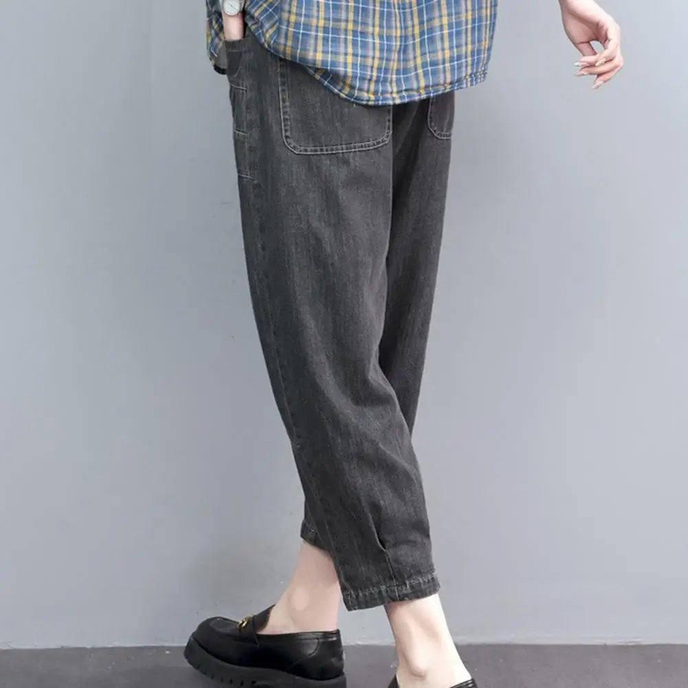 Women Summer Casual Jeans Mid-Rise Pockets Wide Leg Embroidery Letter Print Cropped Pants Woman Mid-calf Sports Harem Jeans