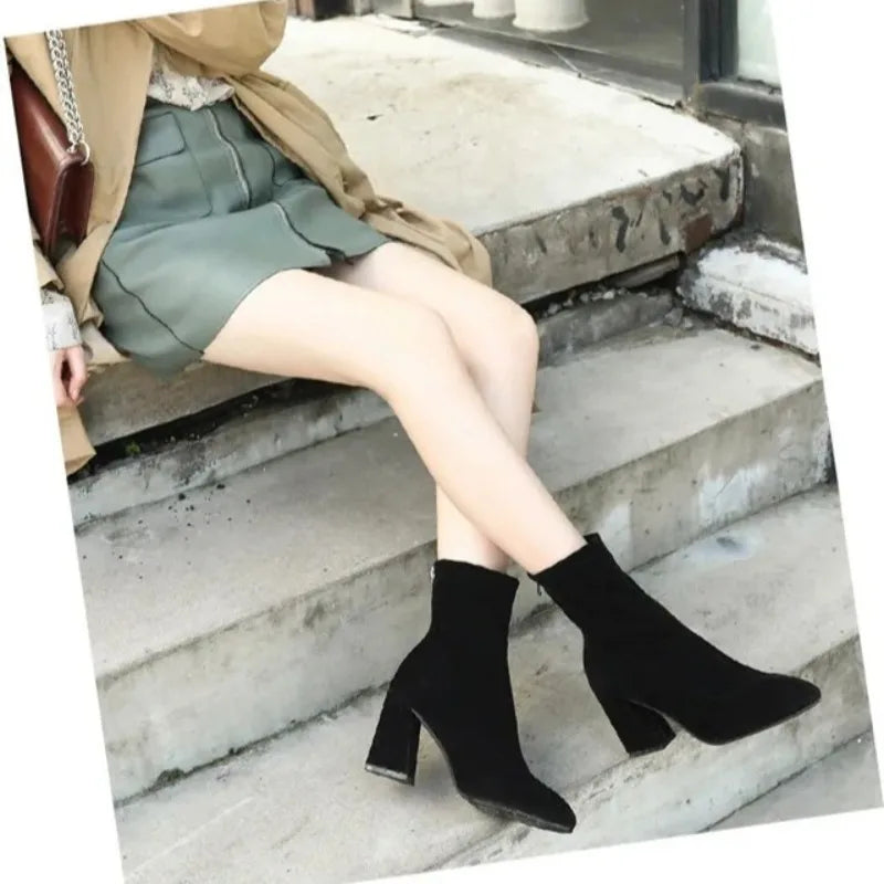Black Suede Women Shoes Thick Heel Ankle Boots for Women Nice Elegant High Heel Pointed Toe Keep Fashion Boots Botas Para Mujer