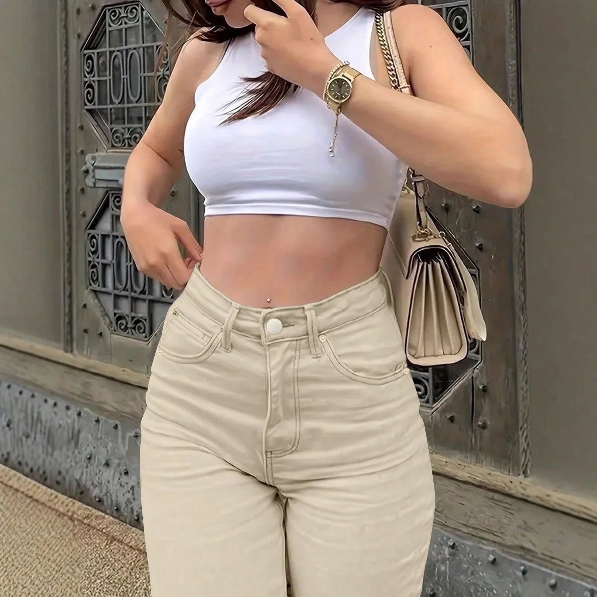 Women's jeans solid color simple daily stretch narrow straight pants