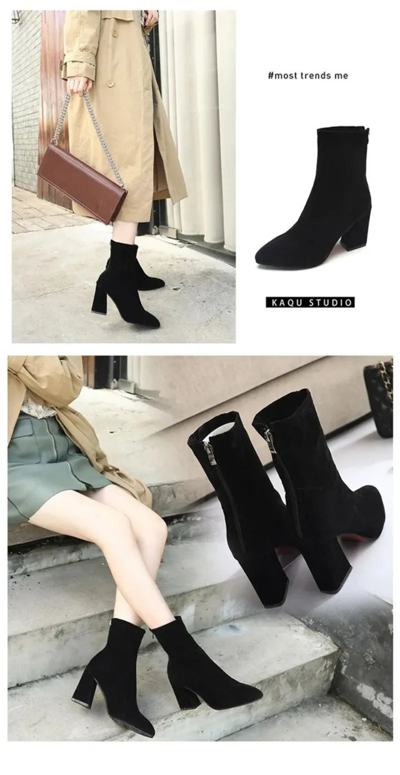 Black Suede Women Shoes Thick Heel Ankle Boots for Women Nice Elegant High Heel Pointed Toe Keep Fashion Boots Botas Para Mujer