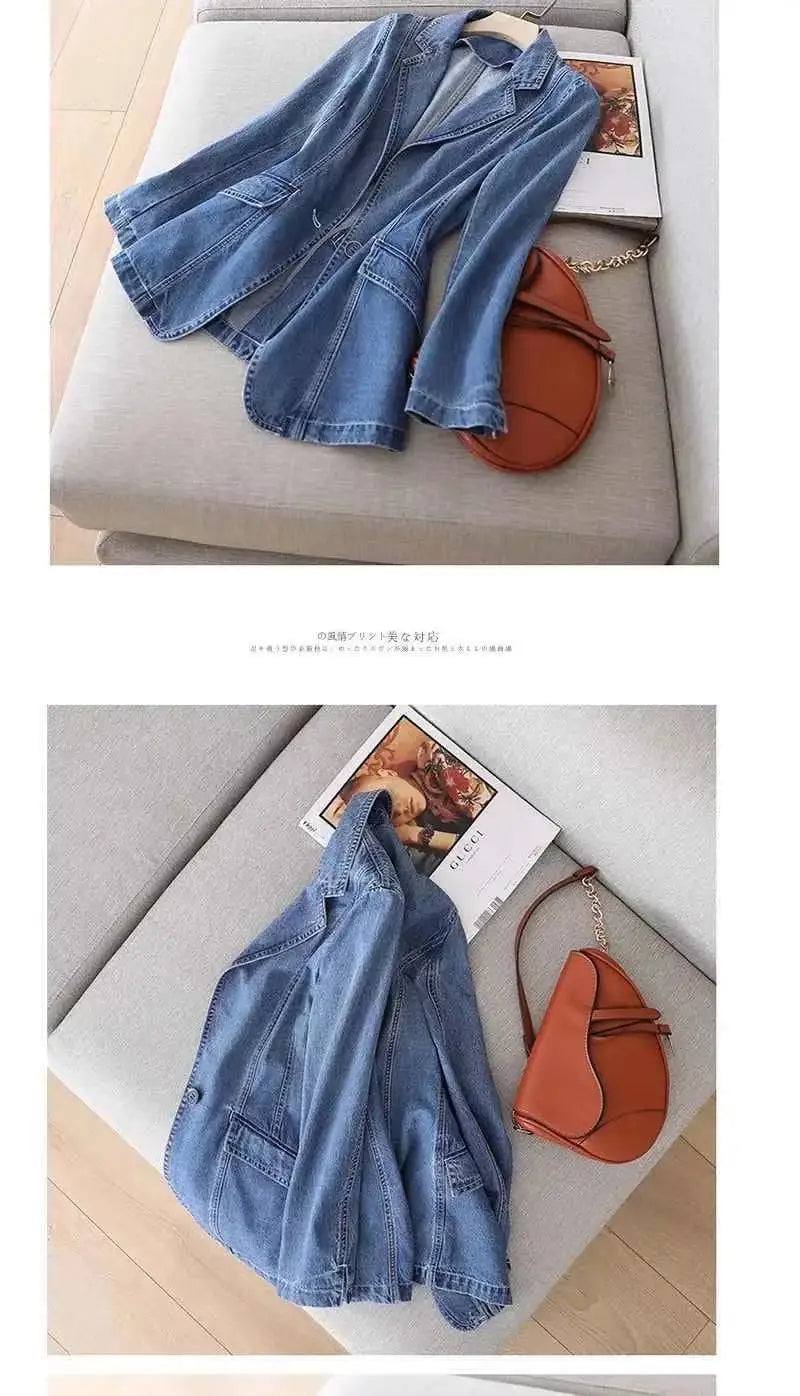 Women's Denim Suit Jacket, Korean Bomber Jackets, Casual Blazer, Female Outerwear, Cowboy Trench Coat, Fashion, Spring, Autumn,