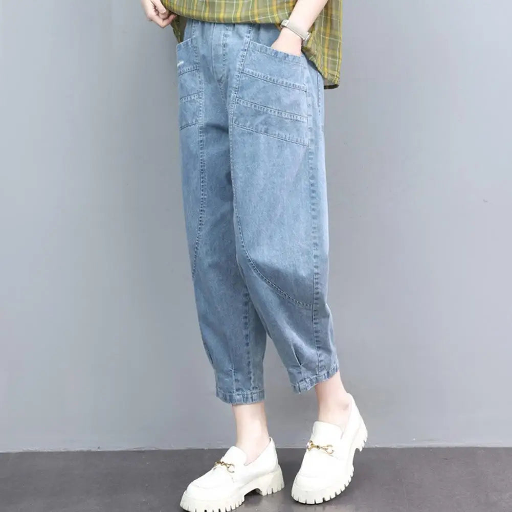 Women Summer Casual Jeans Mid-Rise Pockets Wide Leg Embroidery Letter Print Cropped Pants Woman Mid-calf Sports Harem Jeans