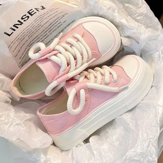 Woman Footwear Round Toe High On Platform Pink Shoes For Women Canvas Black Cute Summer 2025 Daily Routine Spring Ladies Shoes