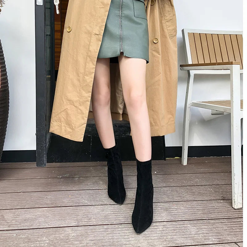 Black Suede Women Shoes Thick Heel Ankle Boots for Women Nice Elegant High Heel Pointed Toe Keep Fashion Boots Botas Para Mujer