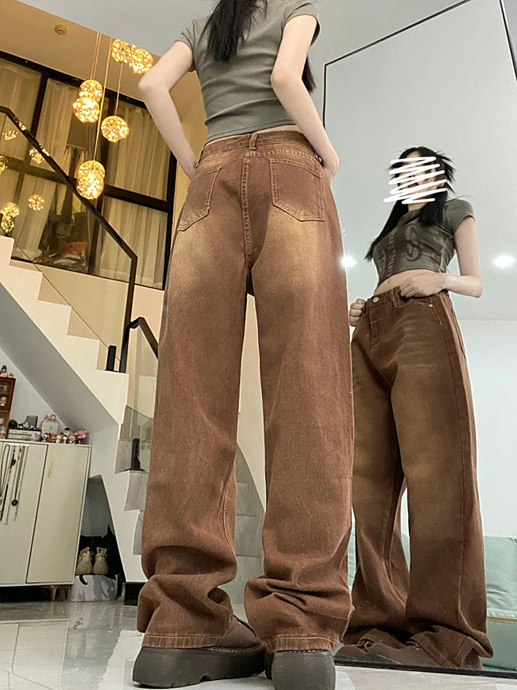 Women Brown Jeans 90s Aesthetic Y2k Vintage Baggy Denim Trouser Fashion Harajuku High Waist Wide Cowboy Pants 2000s Clothes 2023