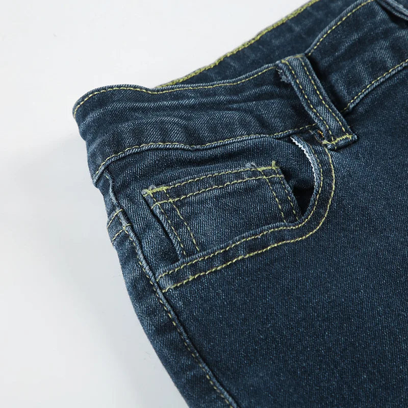 Flare Pants Jeans Women Embroidery Boot Cut Low Waist Washed Distressed Pockets Floor Length Streetwear 2025 Denim Trousers