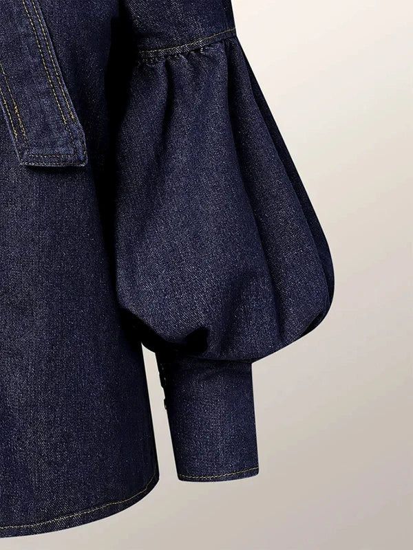 Fashion Womens Denim Blouse Tops Autumn 2024 Spring Blue Long Puff Sleeves Bow-Embellished High Neck Women Shirts Y2k Clothes