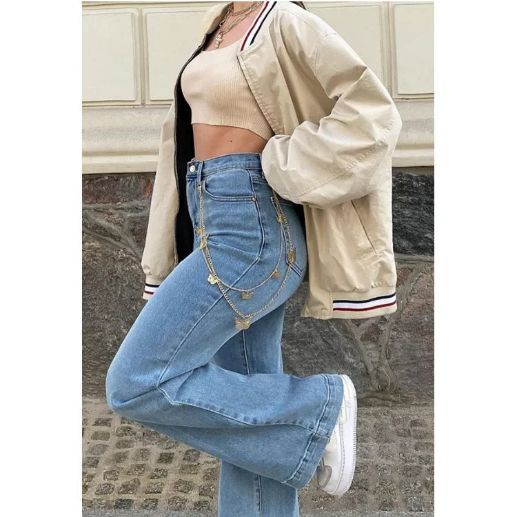 Jeans Women Straight Pants 2025 Streetwear Mid Waist Distressed Washed Mom Jenas Floor Length Vintage Basics Trousers Denim