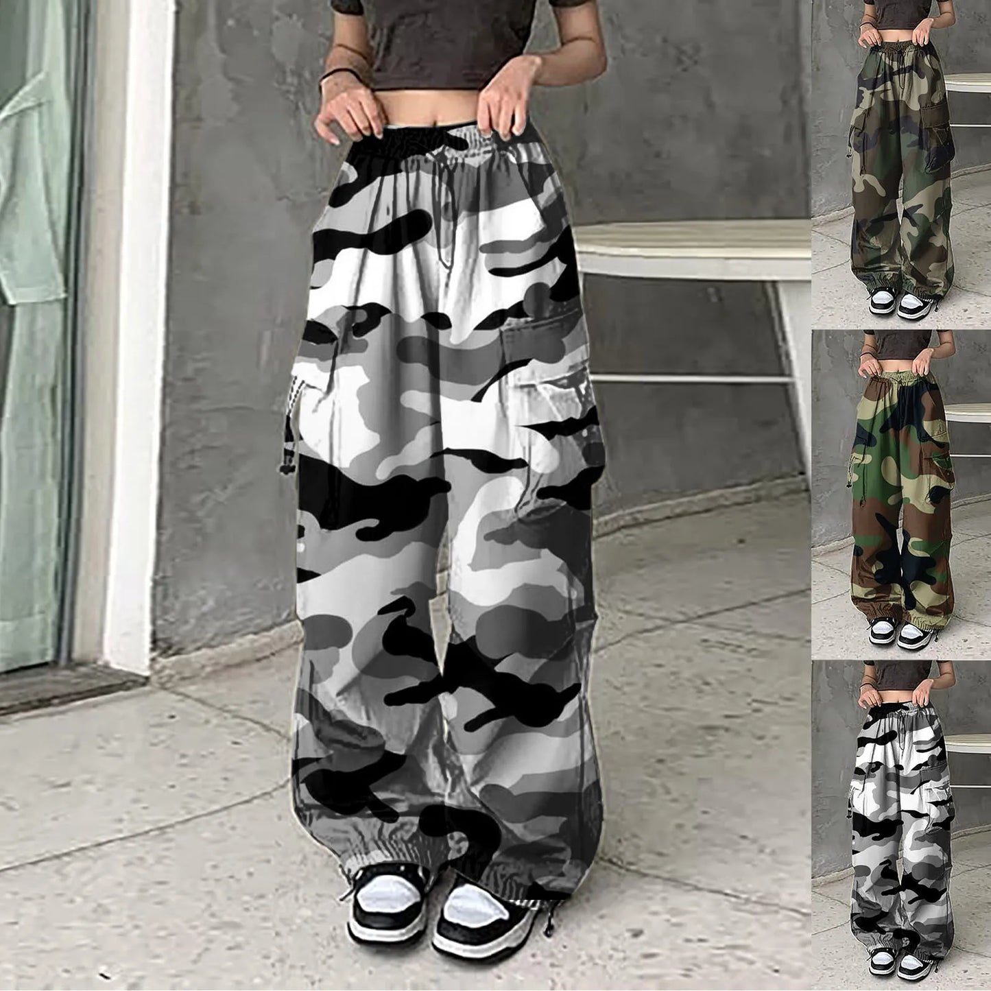 Women Camouflage Sweatpant Streetwear Harajuku Drawstring Elastic Waist Harem Pants Hip Hop Parachute Y2k Baggy Jogger Pants
