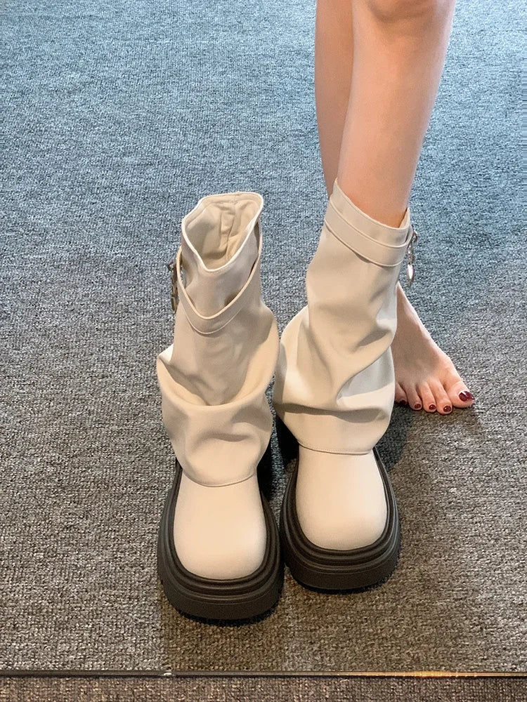 Heel Boots Shoes Round Toe Luxury Designer Boots-Women Elegant Lolita Autumn Rock Ladies Fashion Ankle 2024 Solid Slip