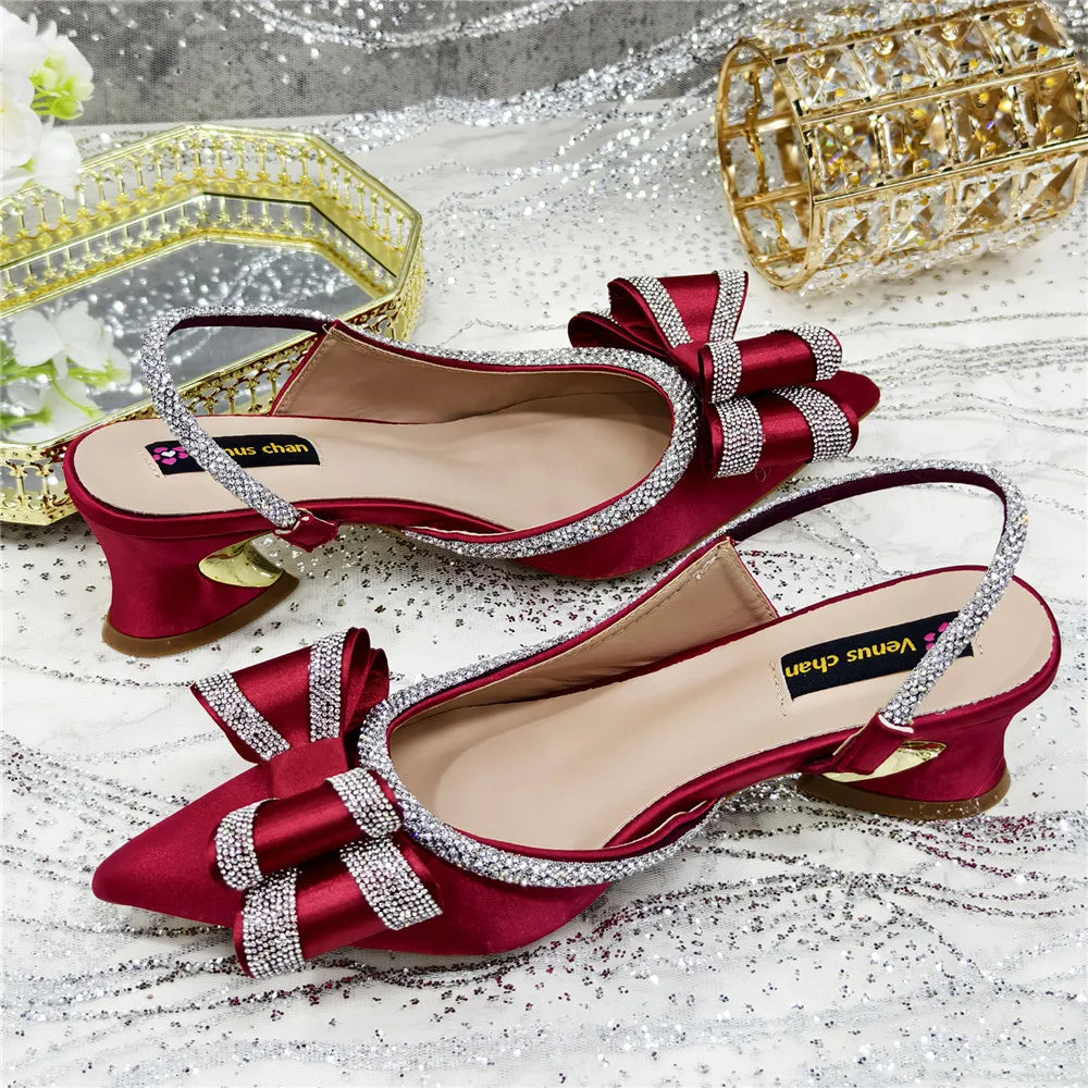 Med Heel Shoes for Women Hollowed Out Embroidery Rhinestone Italian Design Olive-green Color Pointed-Toe Shoes and Bags Set