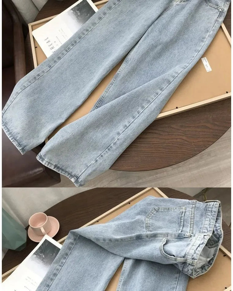High Waist Women Jeans 2023 Spring Autumn Solid Loose Straight Denim Pants Female Retro Wide Leg Casual Trousers