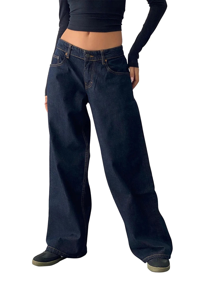 Women's versatile jeans, aesthetic solid color low rise zipper button trousers with pockets for everyday street wear