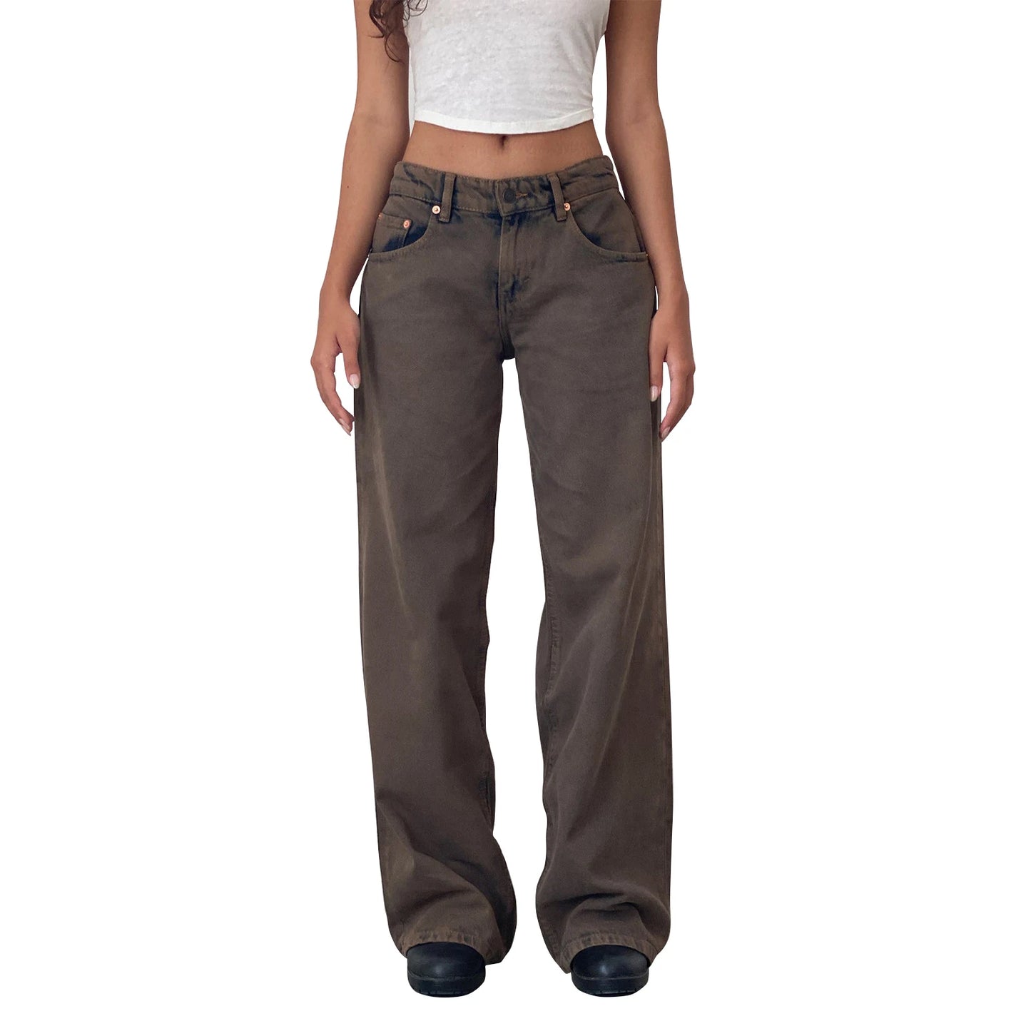 Women's versatile jeans, aesthetic solid color low rise zipper button trousers with pockets for everyday street wear