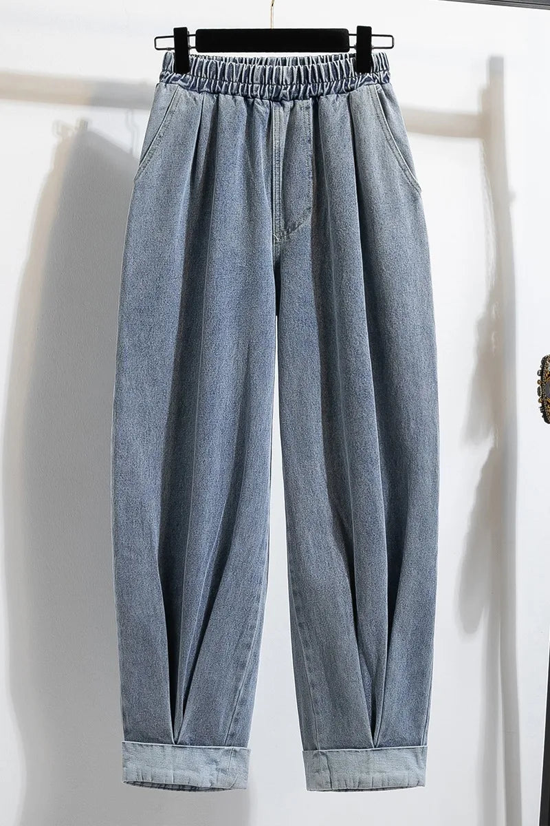 Plus Size Jeans For Women 2025 Autumn New Arrival High Elastic Waist Harem Denim Pants Korean Style Fashion Blue Jeans Woman