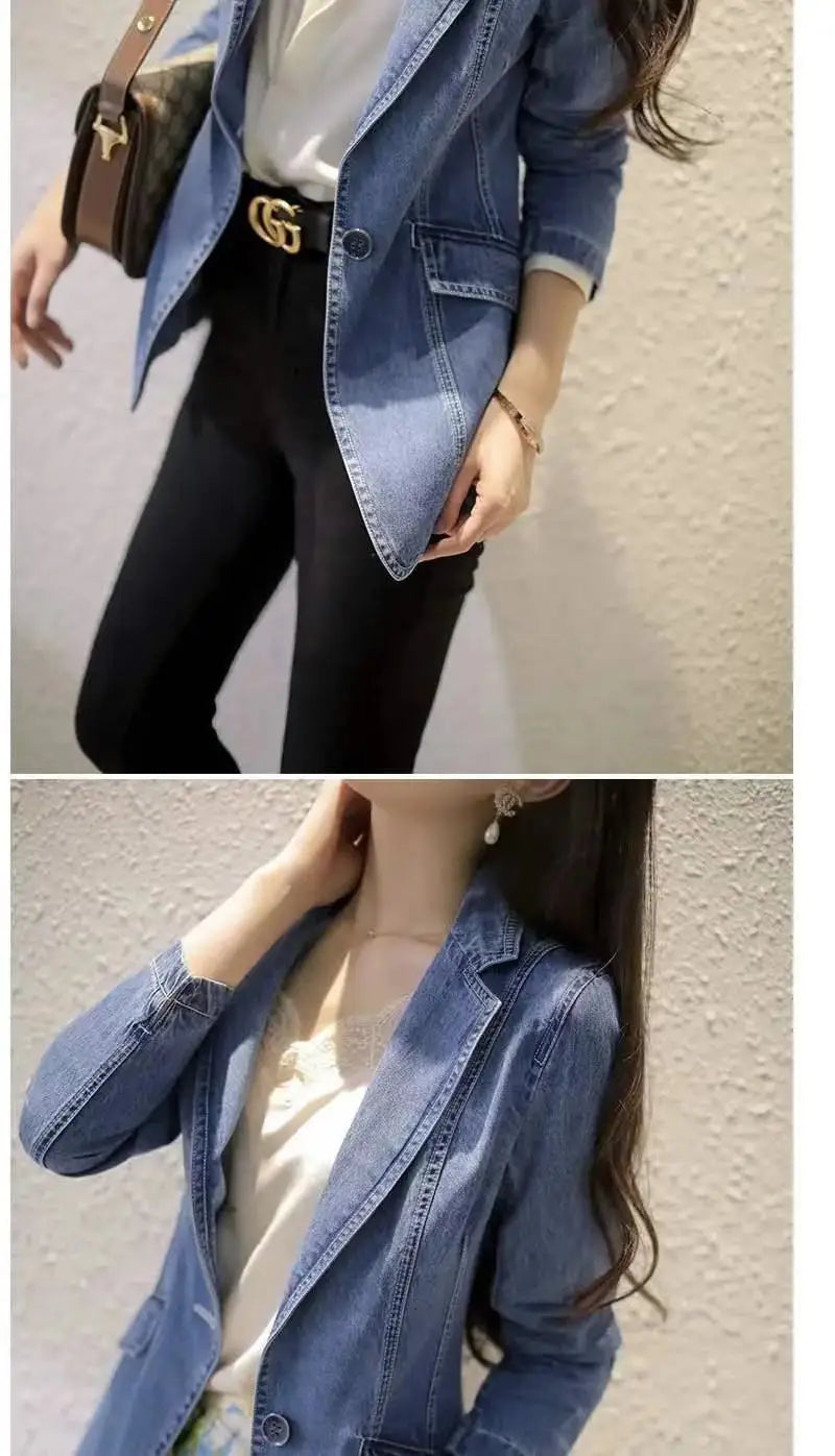 Women's Denim Suit Jacket, Korean Bomber Jackets, Casual Blazer, Female Outerwear, Cowboy Trench Coat, Fashion, Spring, Autumn,