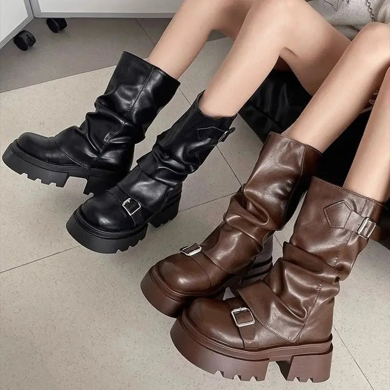 Shoes for Women 2024 Mid-Calf Women's Boots Platform Modern Boots Women Belt Buckle Square Toe Side Zip Square Heel Shoes Female