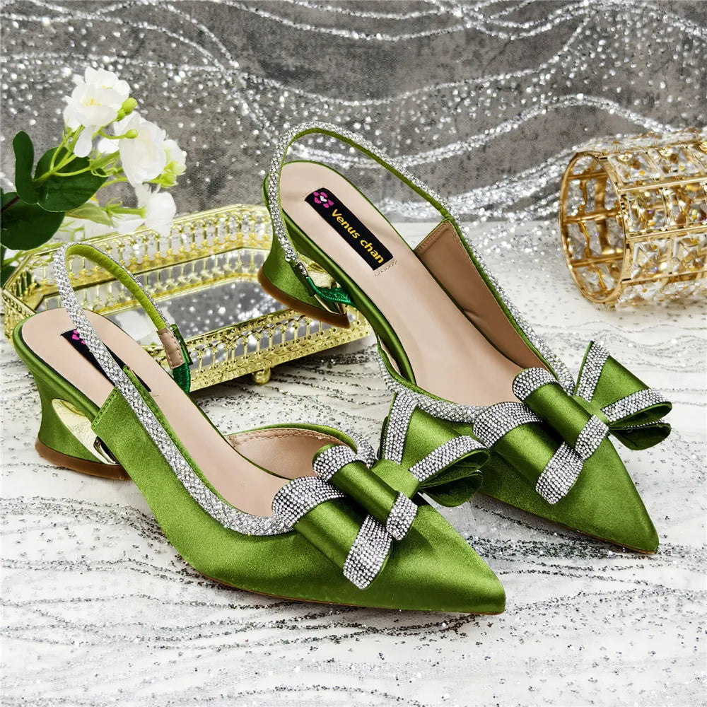 Med Heel Shoes for Women Hollowed Out Embroidery Rhinestone Italian Design Olive-green Color Pointed-Toe Shoes and Bags Set