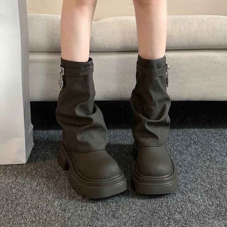 Heel Boots Shoes Round Toe Luxury Designer Boots-Women Elegant Lolita Autumn Rock Ladies Fashion Ankle 2024 Solid Slip