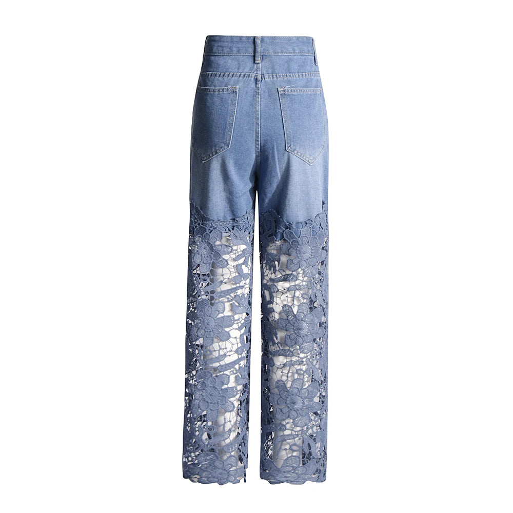 TWOTWINSTYLE Hollow Out Spliced Diamonds Loose Denim Pant For Women High Waist Patchwork Lace Casual Jeans Female Fashion Style