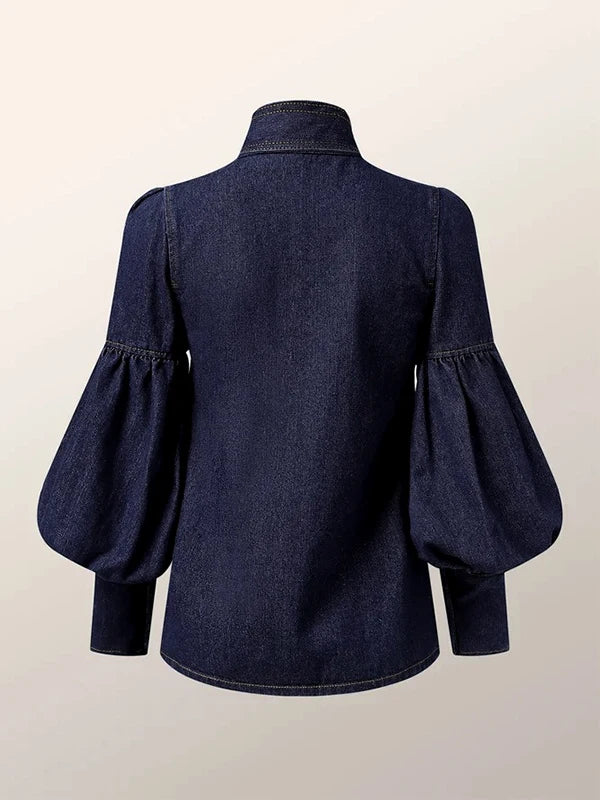 Fashion Womens Denim Blouse Tops Autumn 2024 Spring Blue Long Puff Sleeves Bow-Embellished High Neck Women Shirts Y2k Clothes