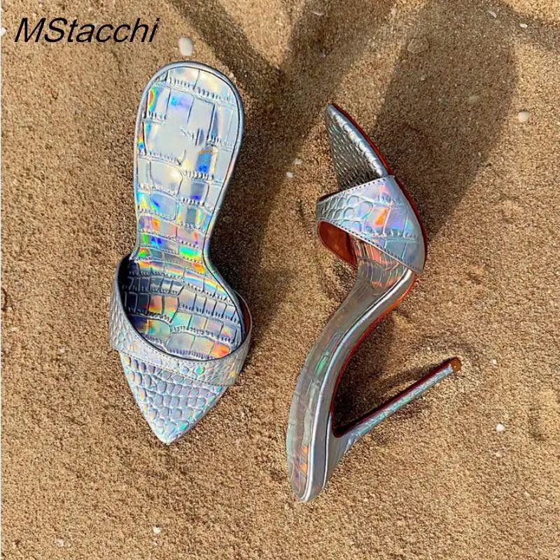 Very High Heel Shoes For Women Slippers Summer Peep Toe Stiletto Sandals Laser Dazzling Color Sandals Star Style Women Shoes New