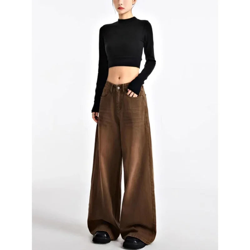 Women Brown Jeans 90s Aesthetic Y2k Vintage Baggy Denim Trouser Fashion Harajuku High Waist Wide Cowboy Pants 2000s Clothes 2023