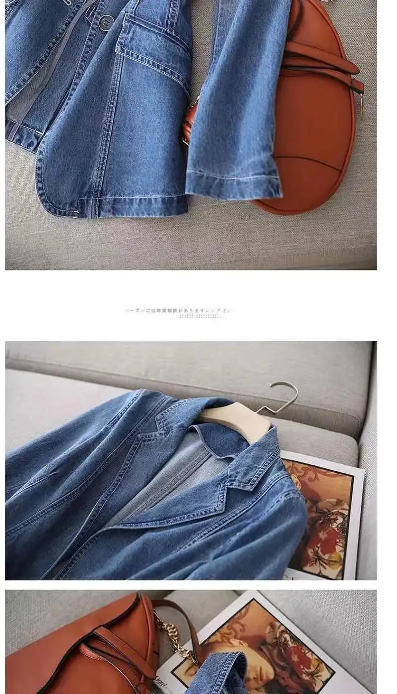 Women's Denim Suit Jacket, Korean Bomber Jackets, Casual Blazer, Female Outerwear, Cowboy Trench Coat, Fashion, Spring, Autumn,