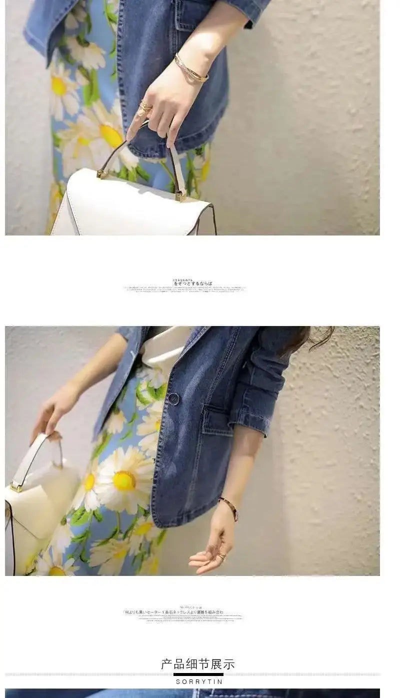 Women's Denim Suit Jacket, Korean Bomber Jackets, Casual Blazer, Female Outerwear, Cowboy Trench Coat, Fashion, Spring, Autumn,