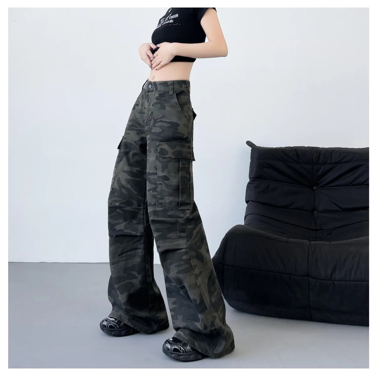 Fashionable Casual Wide-Leg Jeans American Retro Overalls Workwear Style Women's Trousers