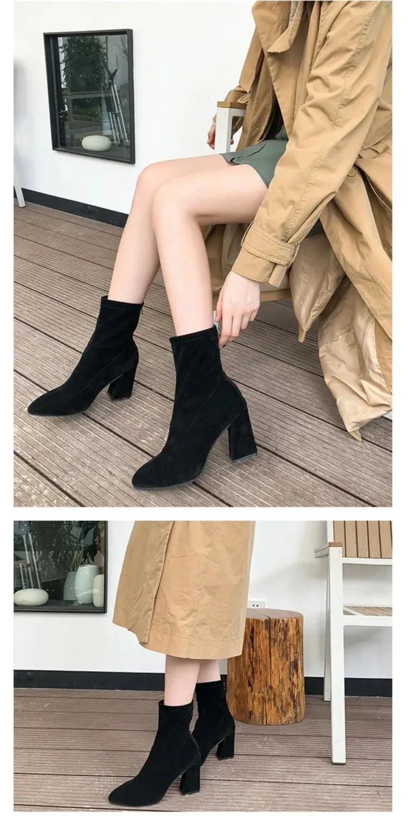 Black Suede Women Shoes Thick Heel Ankle Boots for Women Nice Elegant High Heel Pointed Toe Keep Fashion Boots Botas Para Mujer