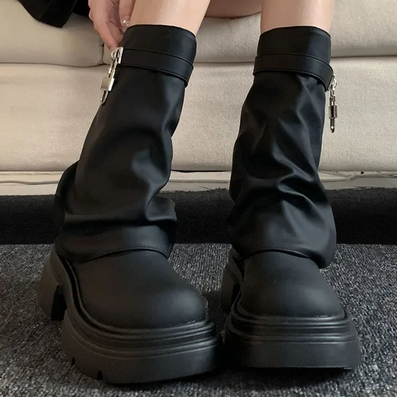 Heel Boots Shoes Round Toe Luxury Designer Boots-Women Elegant Lolita Autumn Rock Ladies Fashion Ankle 2024 Solid Slip