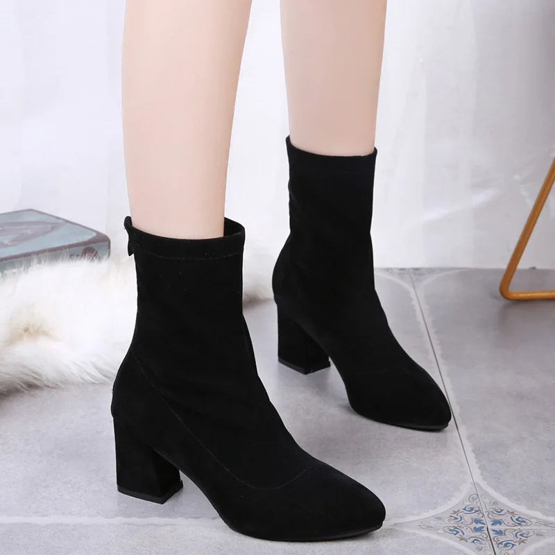 Black Suede Women Shoes Thick Heel Ankle Boots for Women Nice Elegant High Heel Pointed Toe Keep Fashion Boots Botas Para Mujer