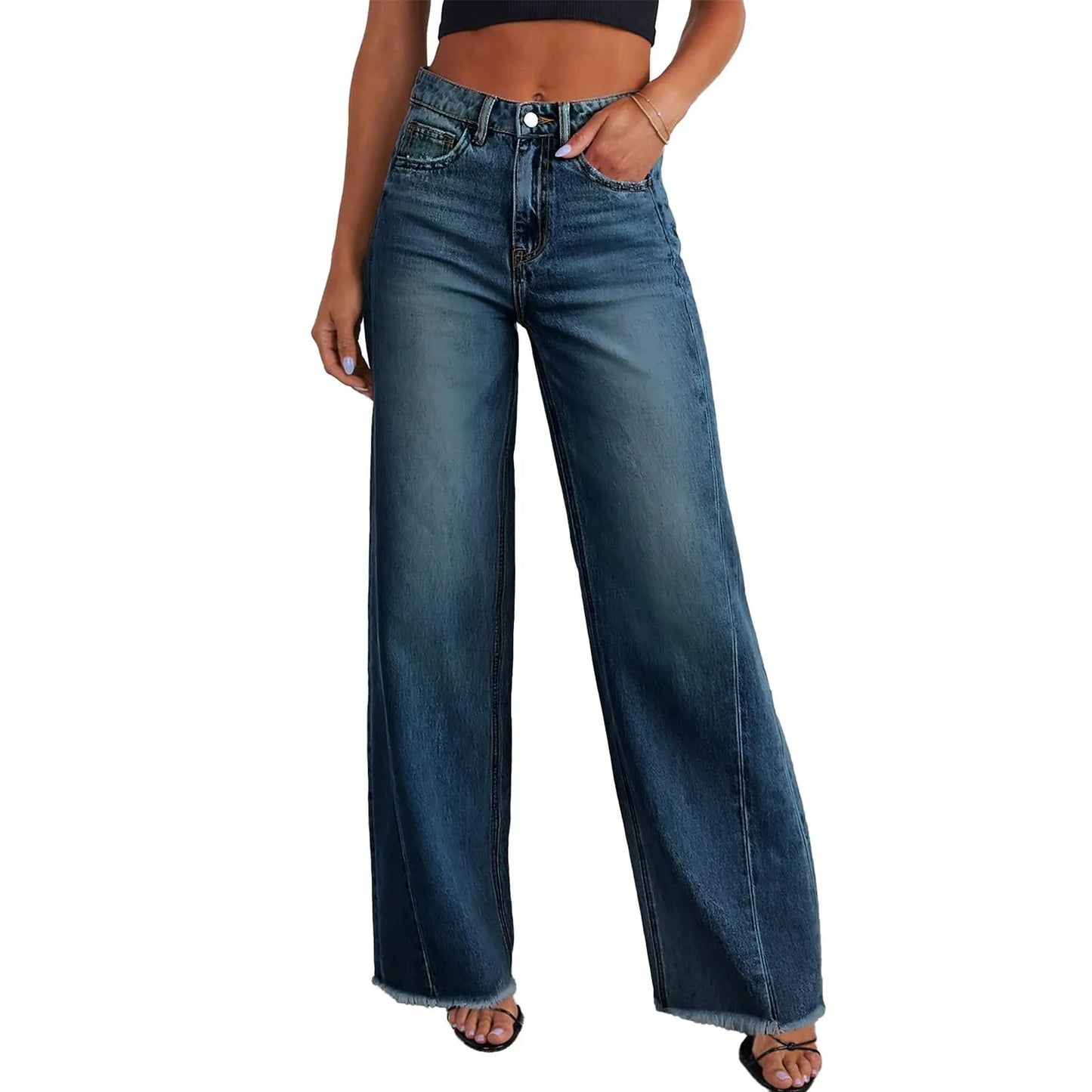 Wide-Leg Jeans Women Light Blue Raw-Edge High-Waist Design Fashionable Trousers Loose-Fitting Slim-Fitting Pants Daily Commuting