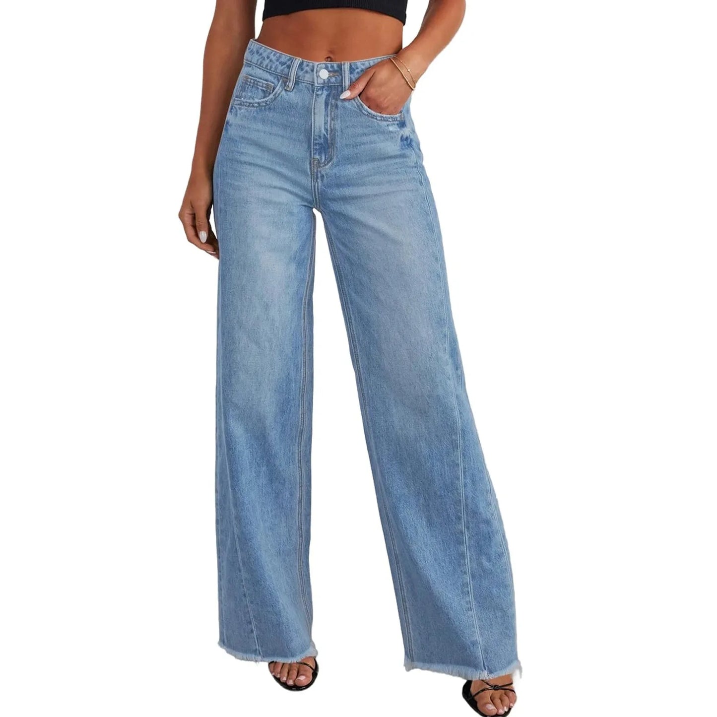 Wide-Leg Jeans Women Light Blue Raw-Edge High-Waist Design Fashionable Trousers Loose-Fitting Slim-Fitting Pants Daily Commuting
