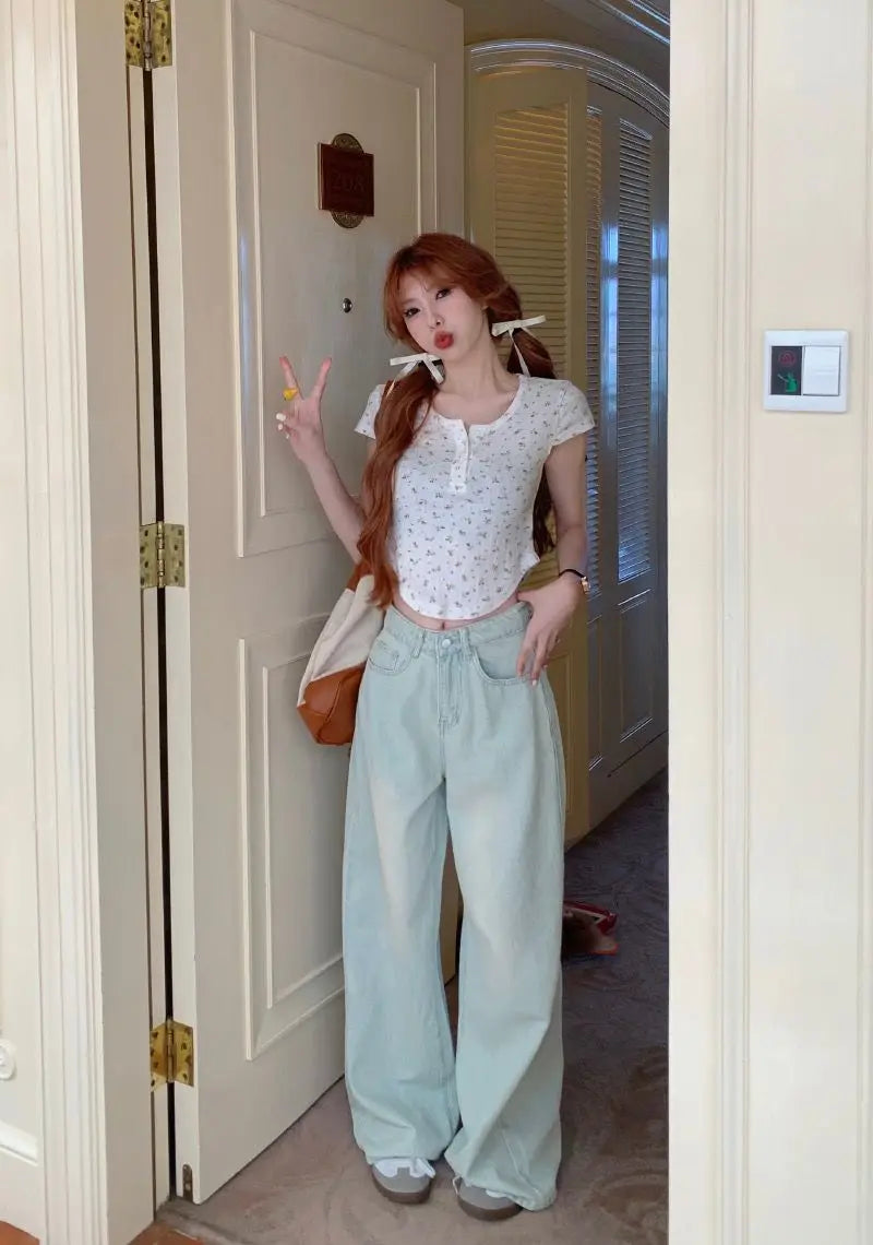 Long Jeans Women New Summer Vintage Bleached Design Loose Wide-leg Trousers Ulzzang Street Style Basic College Harajuku Popular