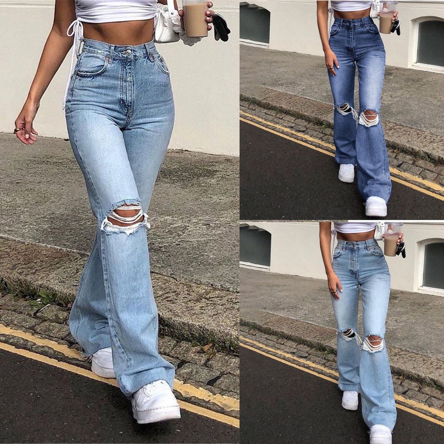 High-waisted Retro Stretch Women Pants Winter Edition New Style Ripped Bell Bottoms High Waist Straight Cylinder Wide Leg Jeans