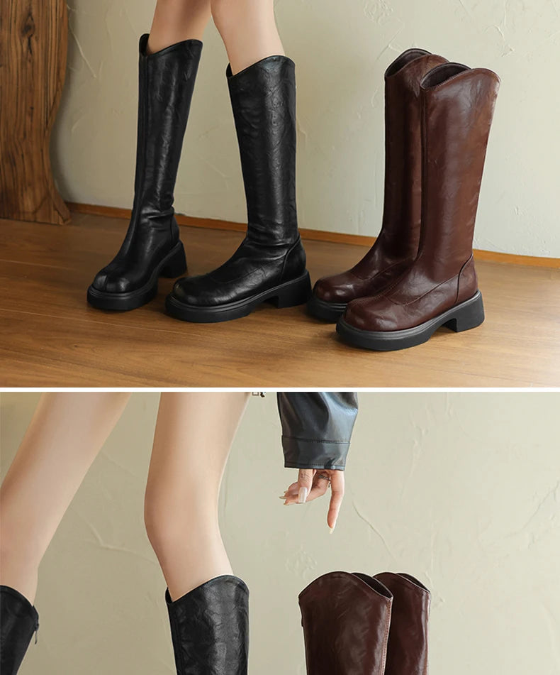 Ods Footwear Elegant Heeled Shoes for Women Brown Ladies Boots Platform Winter Knee High Shaft Heels Long Boot Lady 40 41 42 43