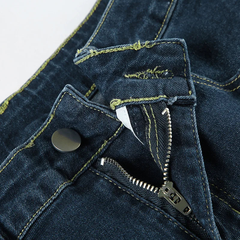 Flare Pants Jeans Women Embroidery Boot Cut Low Waist Washed Distressed Pockets Floor Length Streetwear 2025 Denim Trousers