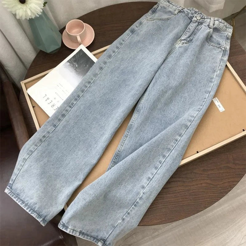 High Waist Women Jeans 2023 Spring Autumn Solid Loose Straight Denim Pants Female Retro Wide Leg Casual Trousers