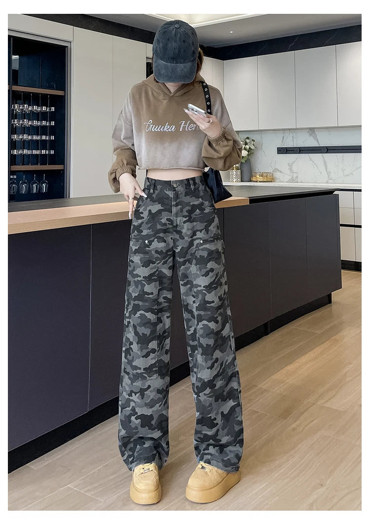 women's Denim Pants Old Washed Jeans Straight Casual Loose Wide Leg Trousers work pants New Fashion Female Clothing high waisted