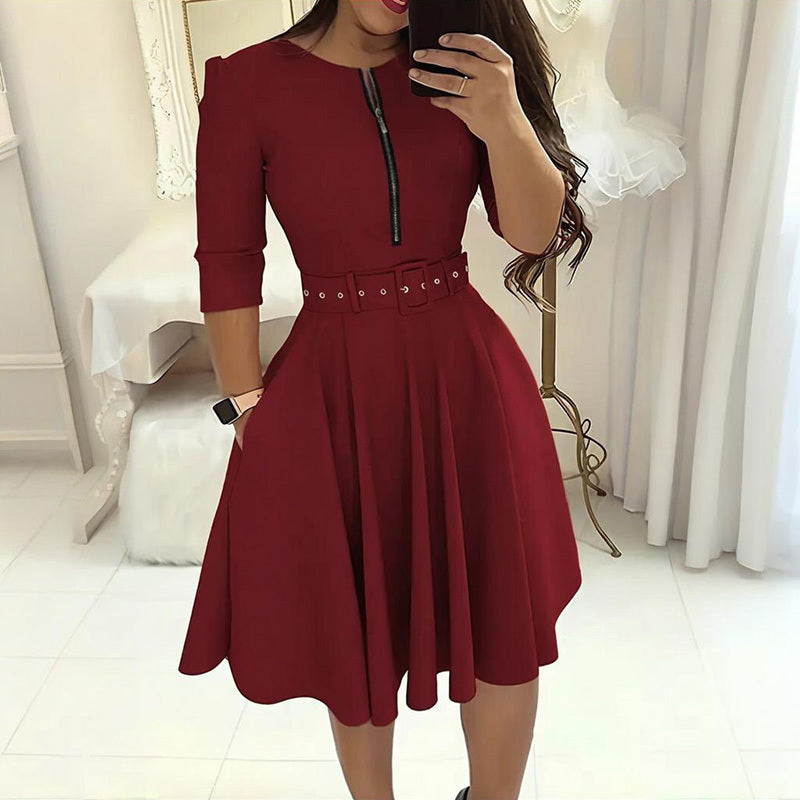 Women's Round Neck Zip Front Midi Dress With Belt - A-Line Shift Dress With Pockets & Draped Detail For Spring&Summer
