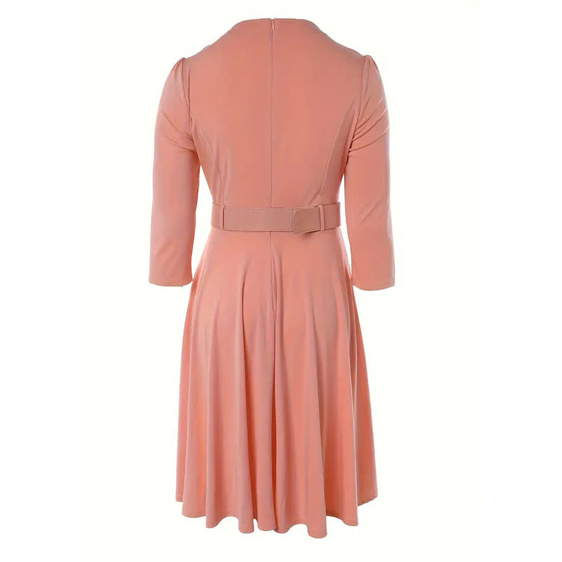 Women's Round Neck Zip Front Midi Dress With Belt - A-Line Shift Dress With Pockets & Draped Detail For Spring&Summer