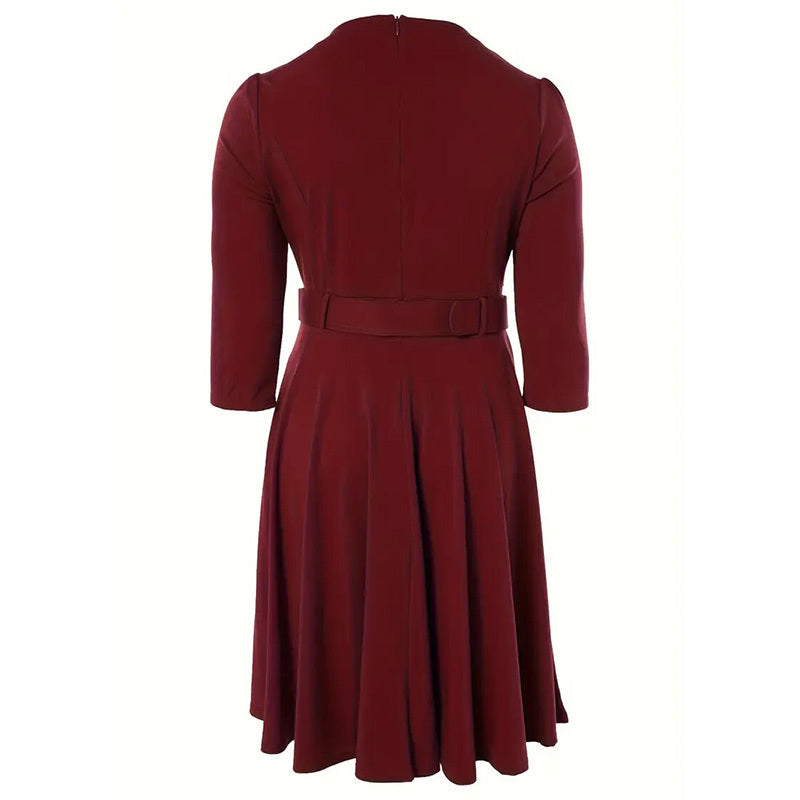 Women's Round Neck Zip Front Midi Dress With Belt - A-Line Shift Dress With Pockets & Draped Detail For Spring&Summer