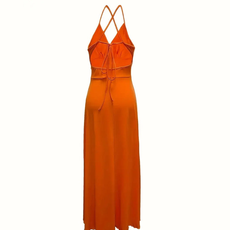 Women's Sexy Deep V Neck Maxi Dress Spaghetti Strap Sleeveless Backless High Slit Long Dress