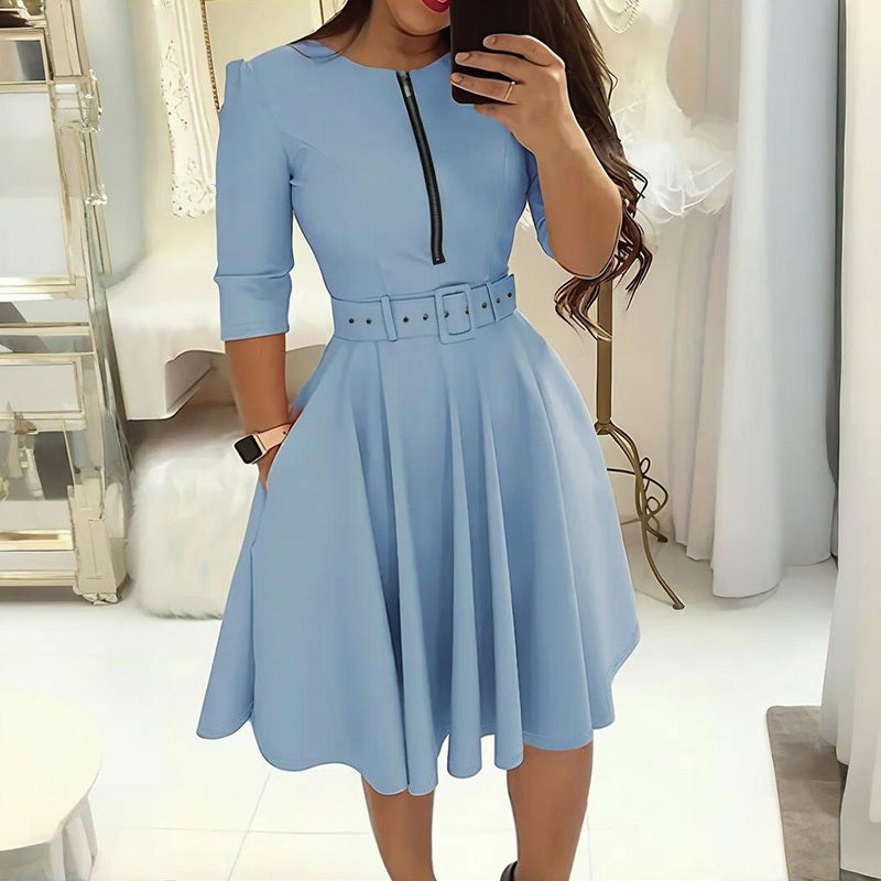Women's Round Neck Zip Front Midi Dress With Belt - A-Line Shift Dress With Pockets & Draped Detail For Spring&Summer