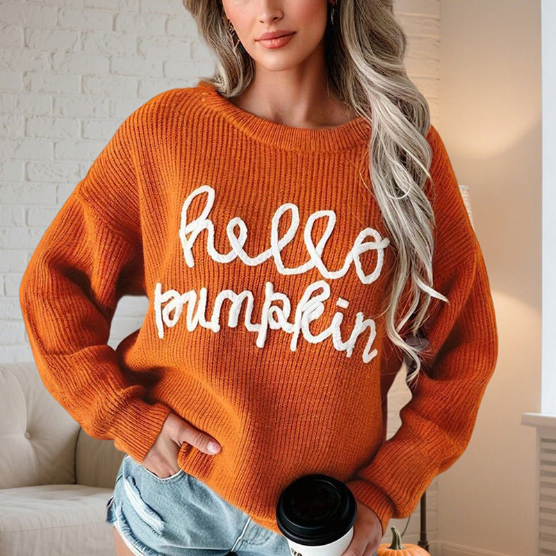 Women's Casual Round Neck Long Sleeve Letter Graphic Sweater Fall Winter Warm Comfortable Pullover Tops