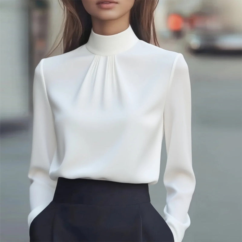 Women's Solid Color Long Sleeve Turtleneck Shirt, Pleated Detail Blouse For Office Wear And Formal Occasions