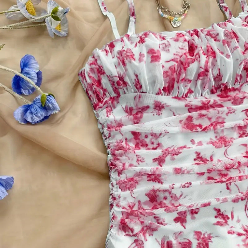 Women's Boho Floral Print Mini Dress Spaghetti Strap Ruched Ruffle Hem Vacation Sundresses